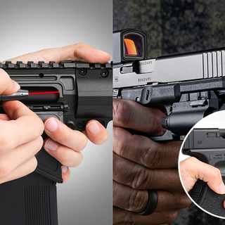 Close-up of hands demonstrating precision aiming with laser bore sights attached to various firearms, including a semi-automatic pistol and a tactical rifle, illustrating the improvement of shooting accuracy.