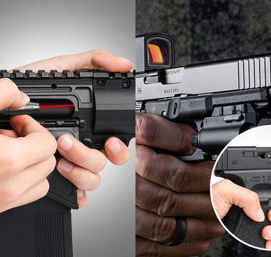 Close-up of hands demonstrating precision aiming with laser bore sights attached to various firearms, including a semi-automatic pistol and a tactical rifle, illustrating the improvement of shooting accuracy.