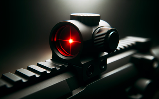 Close-up photo of a modern rifle scope with a red illuminated reticle, mounted on a rail with focus on the adjustment knobs and lens clarity, conveying precision and high-quality equipment for marksmanship.