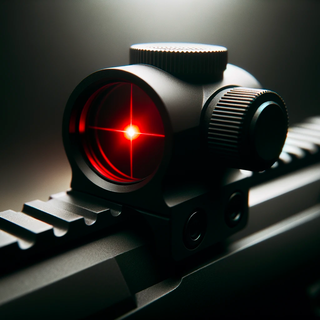 Close-up photo of a modern rifle scope with a red illuminated reticle, mounted on a rail with focus on the adjustment knobs and lens clarity, conveying precision and high-quality equipment for marksmanship.