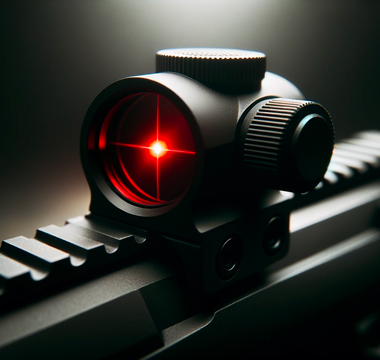 Close-up photo of a modern rifle scope with a red illuminated reticle, mounted on a rail with focus on the adjustment knobs and lens clarity, conveying precision and high-quality equipment for marksmanship.