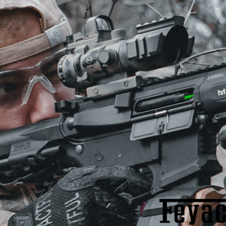 Close-up of a tactical shooter aiming a rifle equipped with a Feyachi sight in a forest setting.