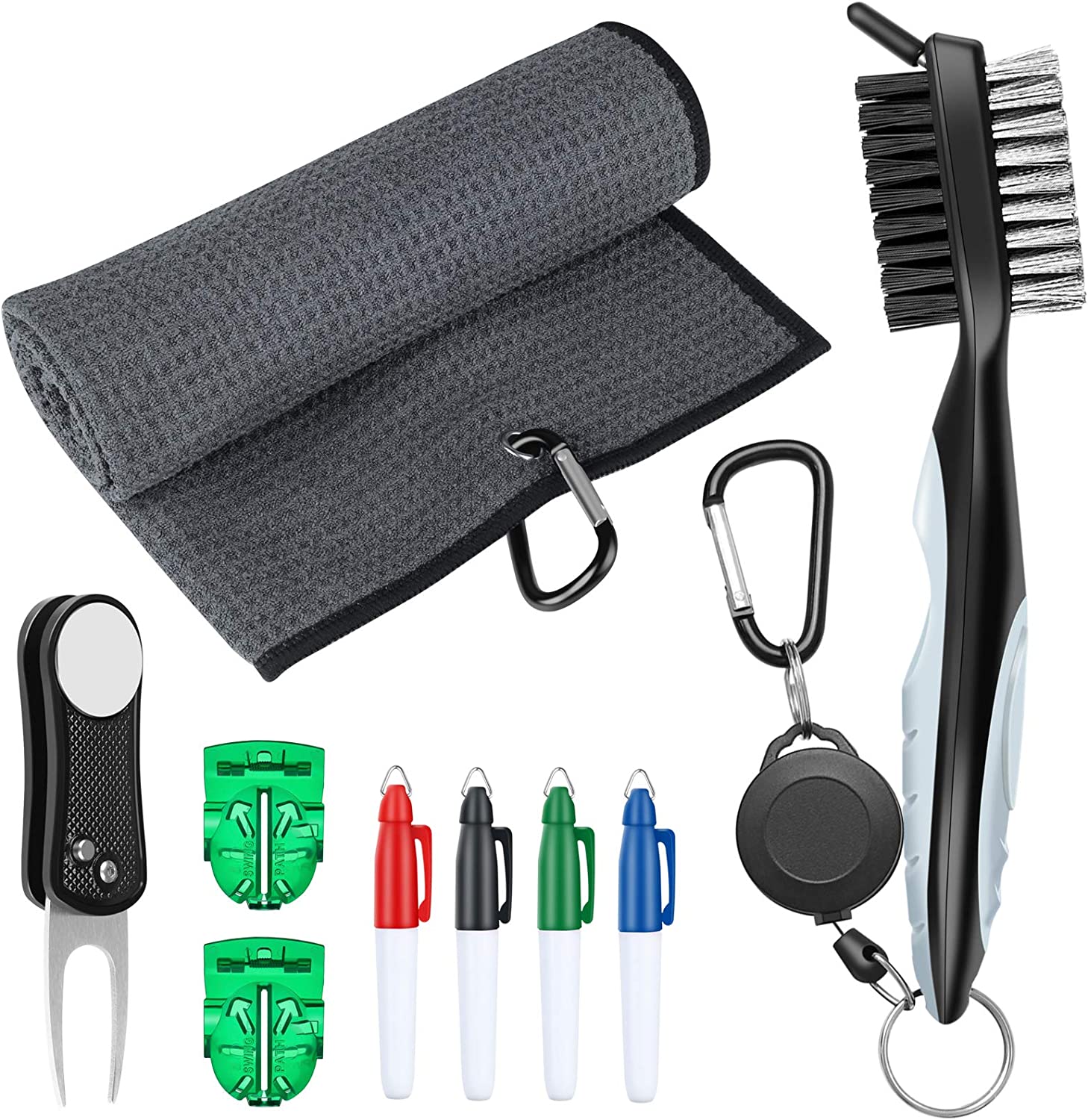XAegis GT13 Golf Towel and Brush to Clean Golf Club with Magnet Divot Tool,Golf Ball Liners,Pens - 9 in 1 Golf Accessories