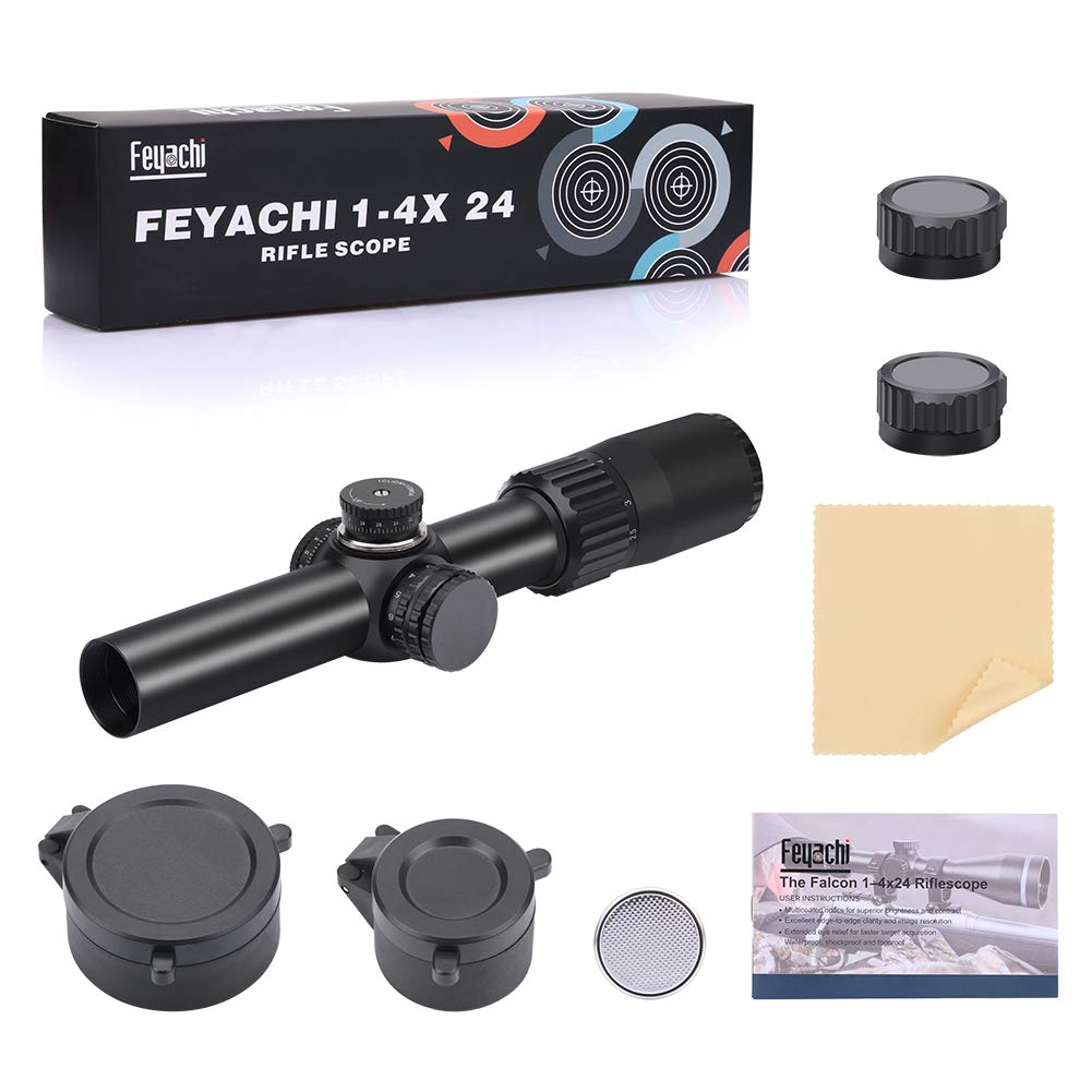 Feyachi Tactical Optics Falcon 1-4x24 SFP Rifle Scope Red Illuminated Starburst Reticle Riflescopes for Hunting Shooting, 30mm (1.2") Tube Matte Black