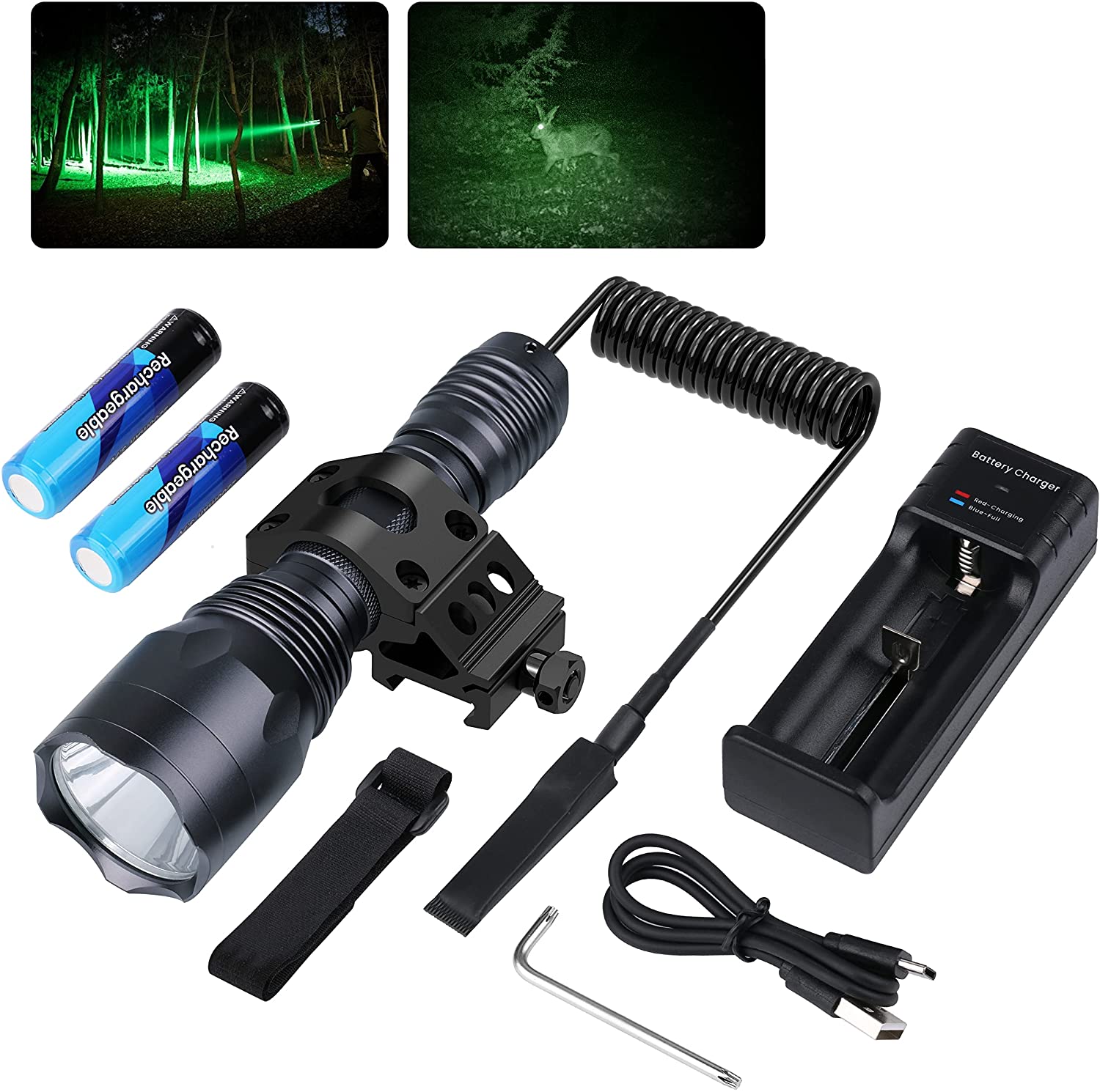 Feerien Green Light Tactical Flashlight, 350 Yards Hunting Flashlight with Universal Picatinny Rail Mount, Remote Pressure Switch for Night Hunting, Runs 5 Hours Grey